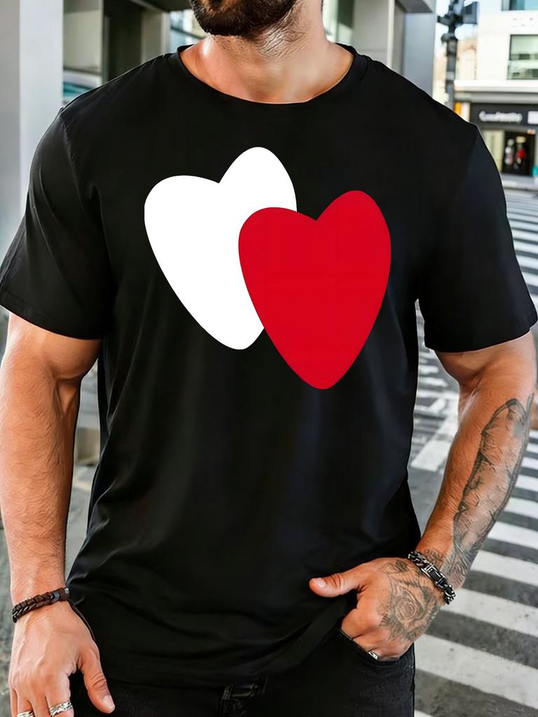 Unisex Double Overlap Hearts Love Graphic Cotton Short Sleeve Tee Crew Neck Soft Male Summer Casual Breathable Street Wear Top