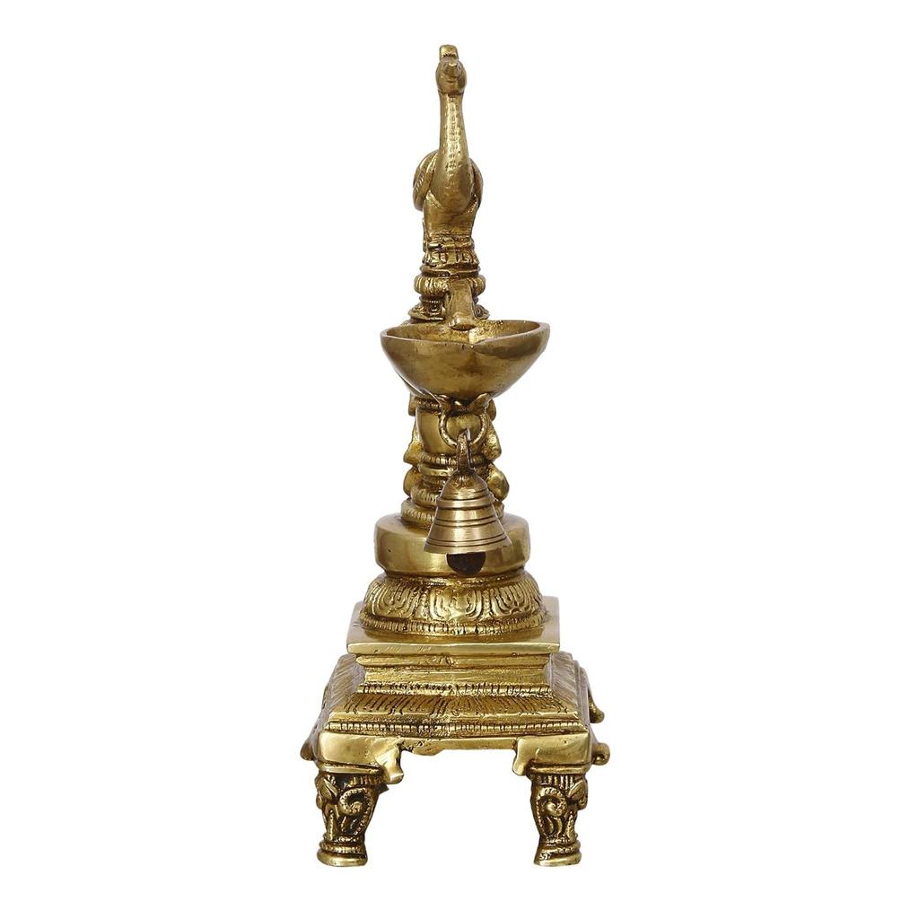Antique Finish Decorative Handcrafted Brass Peacock Showpiece Diya With Bell And Stand, 13 Cm, 26 Cm, 9 Cm