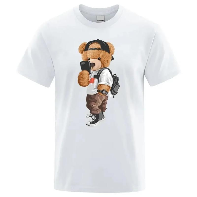 Teddy Bear Taking Your Photo T Shirt Cartoon Graphic Print T Shirt Fashion Casual Crew Neck Plus Size Short Sleeve T-Shirts Women’s