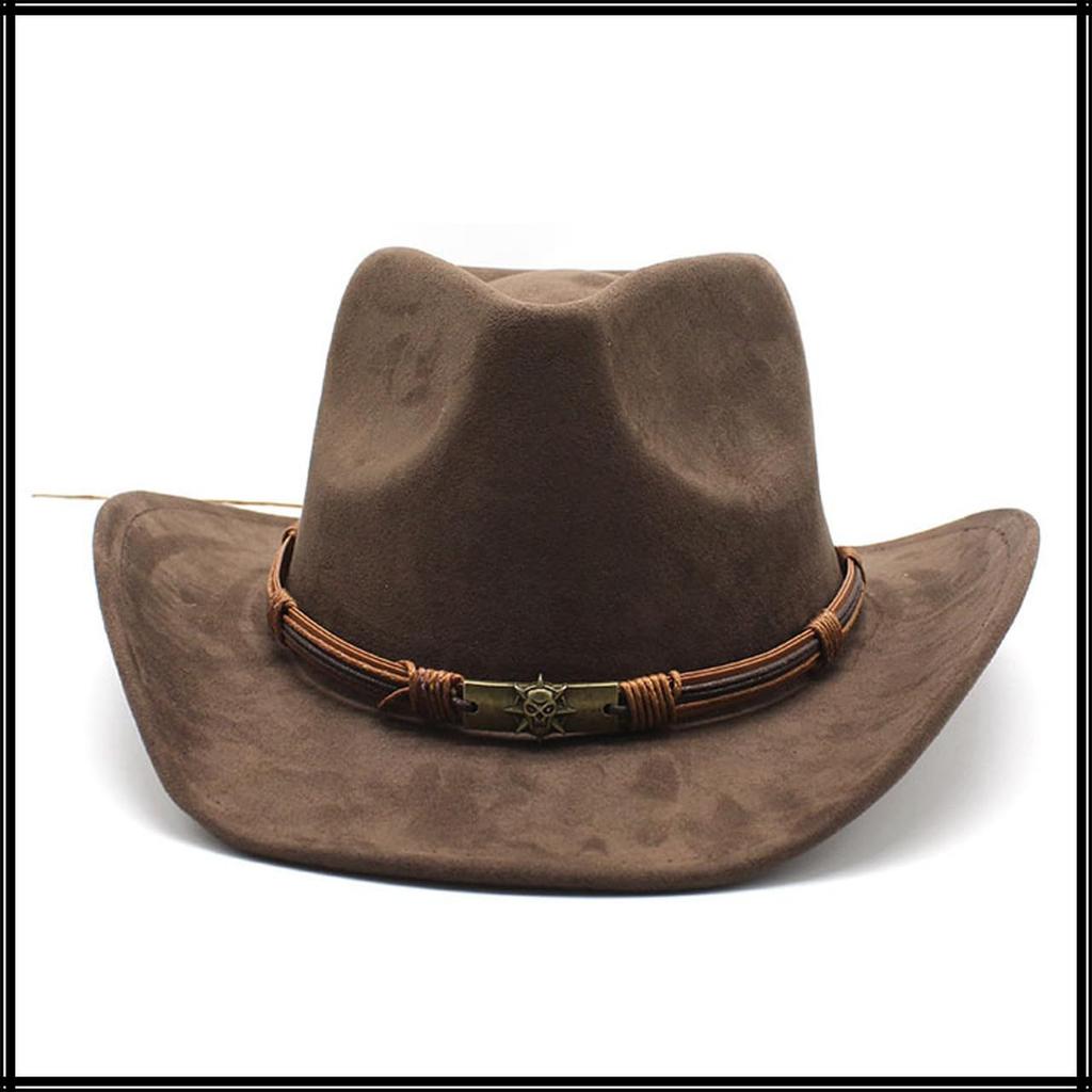WHITE FANG Fedora Hat Free Size Brown Suede-like Ethnic Belt Wide Brim CZ178