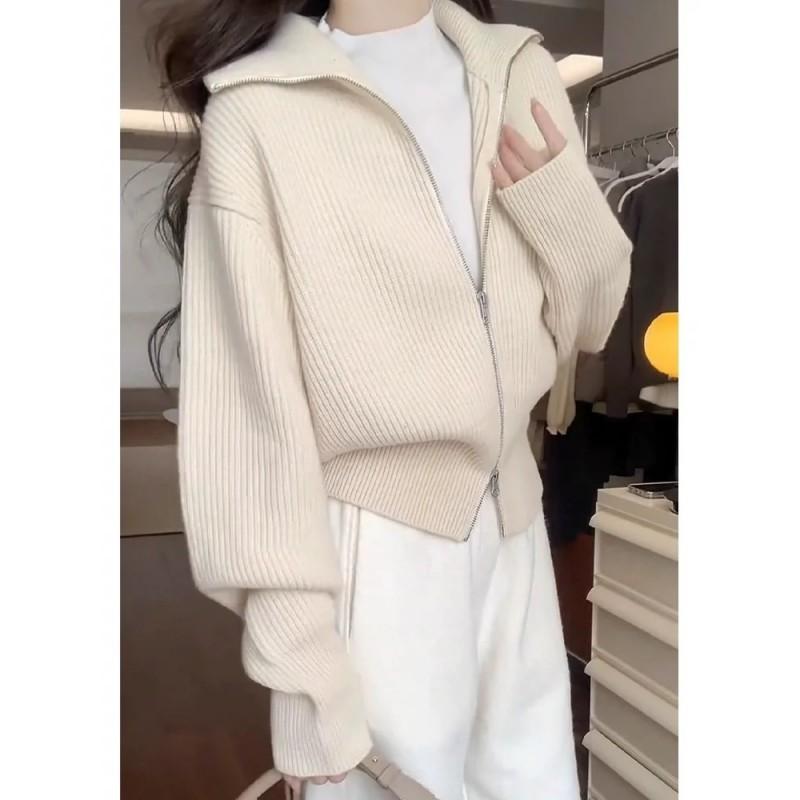 Womens Oversized Knit Cardigan With Zipper Collar Loose Fit Long Sleeve Sweater Jacket Winter