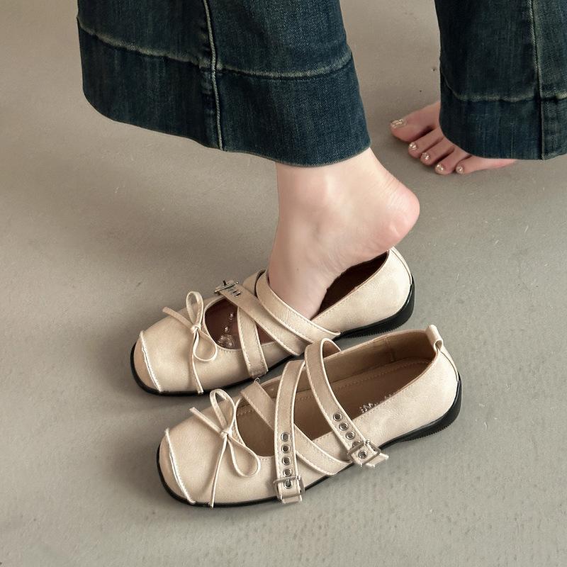 Fashion Versatile Ballet Shoes French Retro Single Shoes Design Sense Square Head Cross Buckle Mary Jane Shoes Women's Summer
