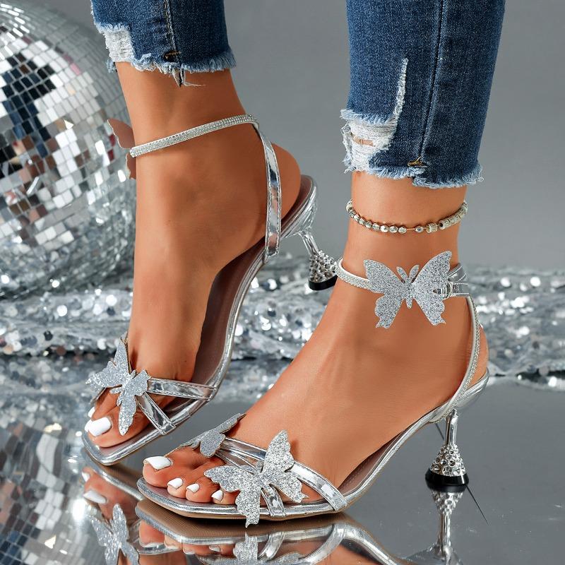 Spring New Foreign Trade Large Size Women's Casual and Comfortable Butterfly Rhinestone Sandals with Thin Heels