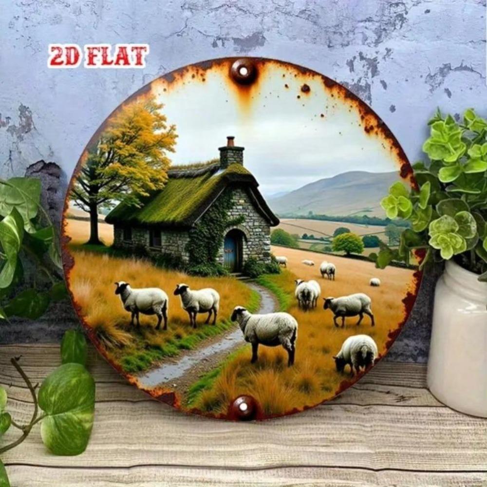 Vintage Cottage Metal Wall Art Pastoral Farmhouse Decor with Sheep Stone House Rustic Home Sign