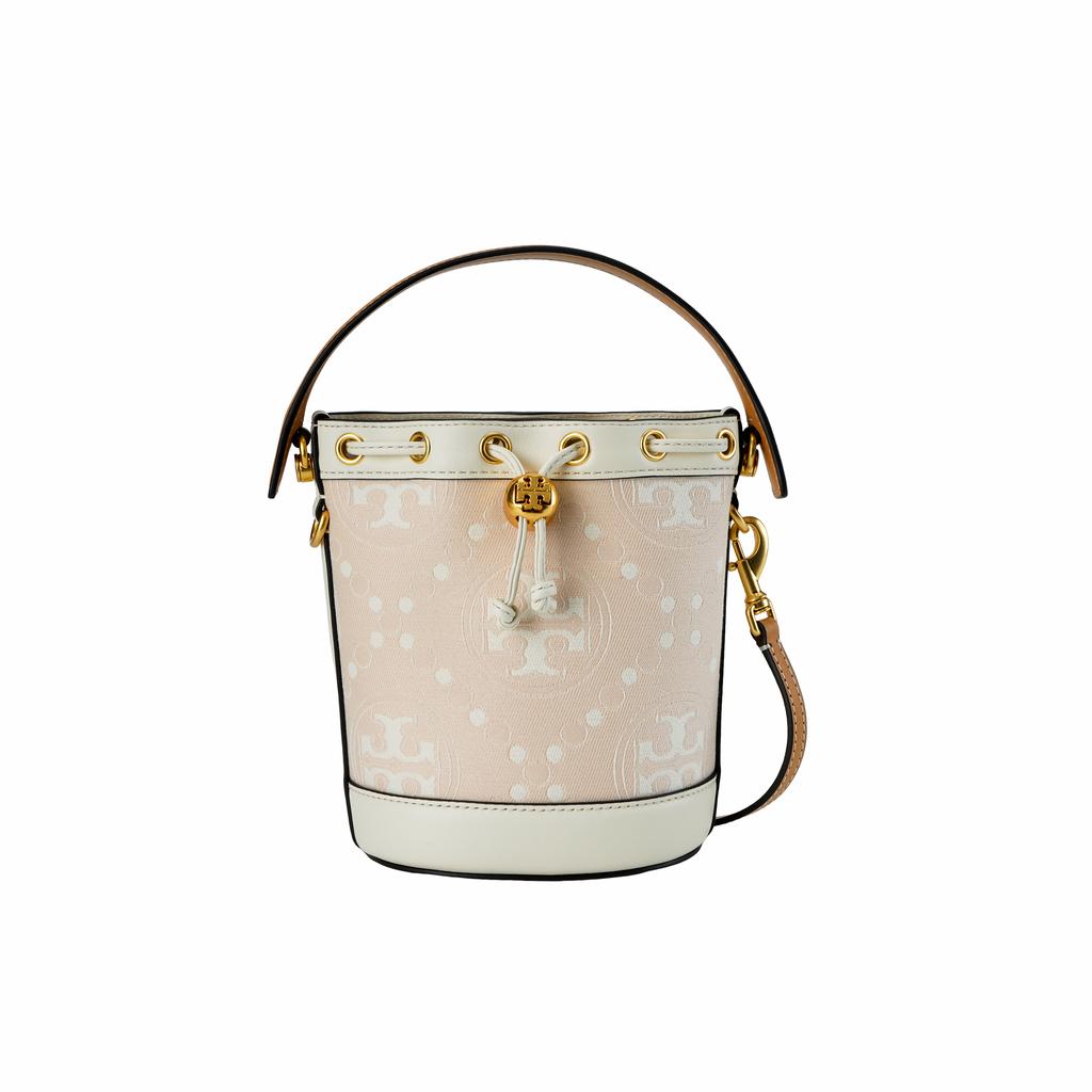 Tory Burch T Logo Embossed Drawstring Closure Hardware Buckle Stitching Leather Bucket Bag Mini Women bags Light-Pink 152431-650