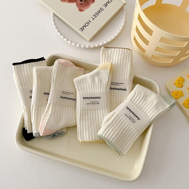 Cream Socks Women Korean Style Simple Solid Color Women Socks Japanese  Harajuku School Girls Knitting Cotton Long Socks