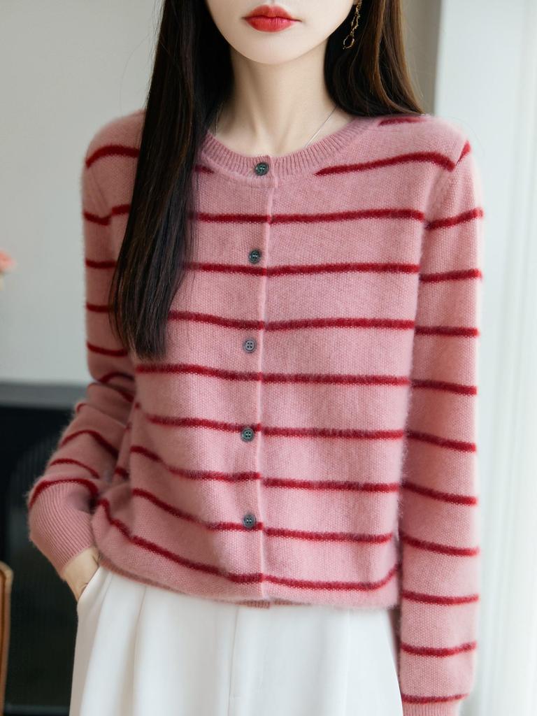 2025 Autumn Striped Wool Round Neck Cardigan - Soft, Fluffy, Age-Reducing Knitwear Sweater Coat.