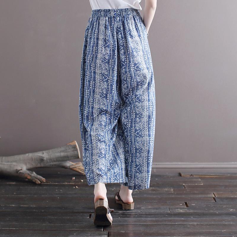 Summer Thin Style Artistic Cotton Linen Wide Leg Floral Ethnic Style Loose Elastic Waist Pants Straight Leg Pants for Women Trousers Women’s
