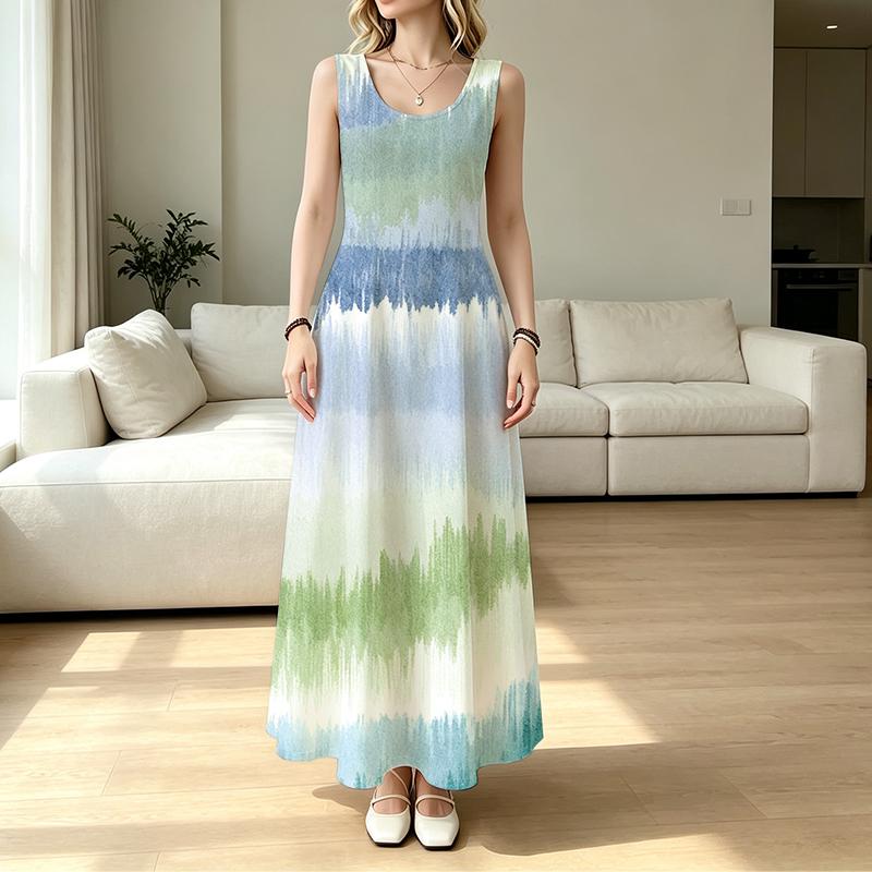 Sleeveless Maxi Dress,Women U Neck Sundress,Gradient Tie Dye Striped Print,Loose A Line Silhouette,Summer Beach Outfit,Flowy Holiday Long Gown