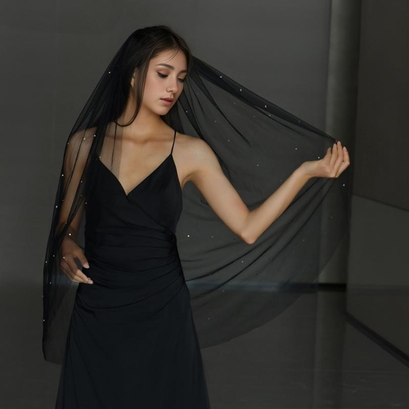 Elegant Black Bridal Veil With Rhinestones Embellishments Unique Headpieces Headwear For Weddings And Special Occasion