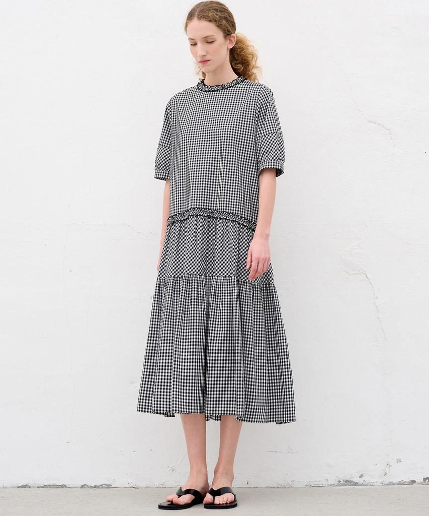 Mite Frill Shrring Check Dress_Black
