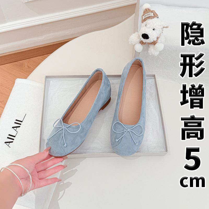 French inner height increase shallow mouth single shoes women's new spring and summer new bow pigskin ballet shoes
