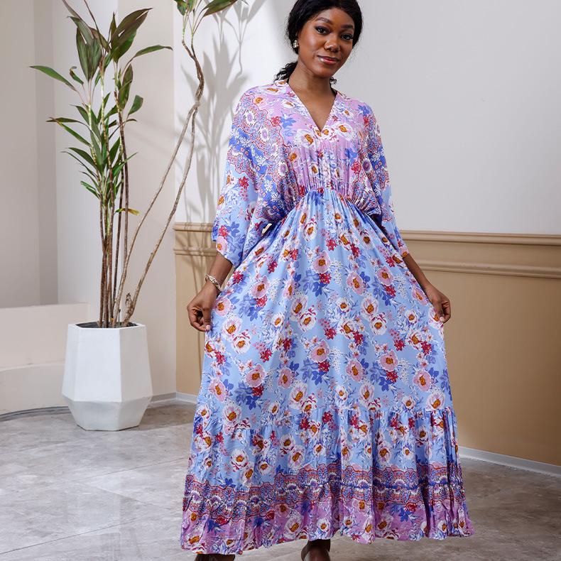

Summer Vacation V-Neck Print Maxi Dress - Women s Elastic Waist Swing Skirt One Size