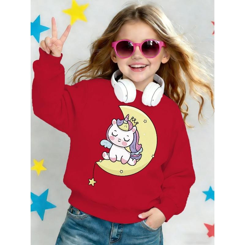Kids Crewneck Sweatshirt, Cute Unicorn Moon Star Print Sweet Long Sleeve Top for Spring Autumn