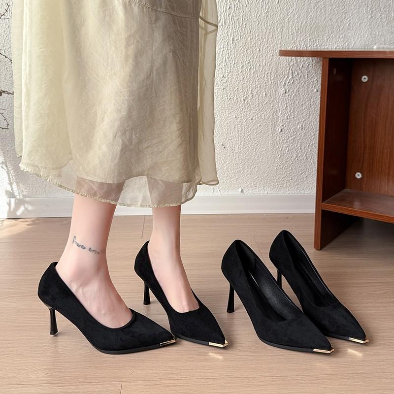 New Fashion Women's Shoes Sexy Black High Heels Sharp Pointed Suede Pumps Elegant Shallow Mouth Etiquette Shoes Mujer Zapatos