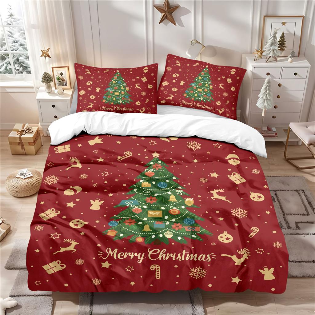 3pcs Christmas Tree Red Printed coreless Bedding Set Bedroom Dormitory 1 Duvet Cover 2 Pillowcases Machine Washabl