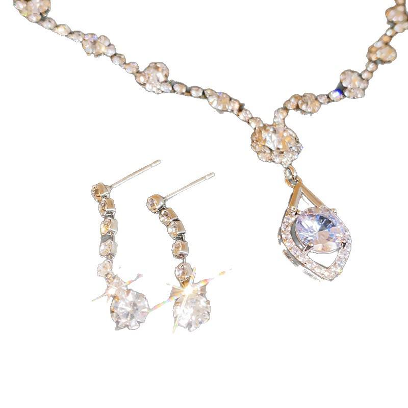 Korean Style Rhinestone Water Drop Necklace & Earring Set - Elegant, Shiny Geometric Design