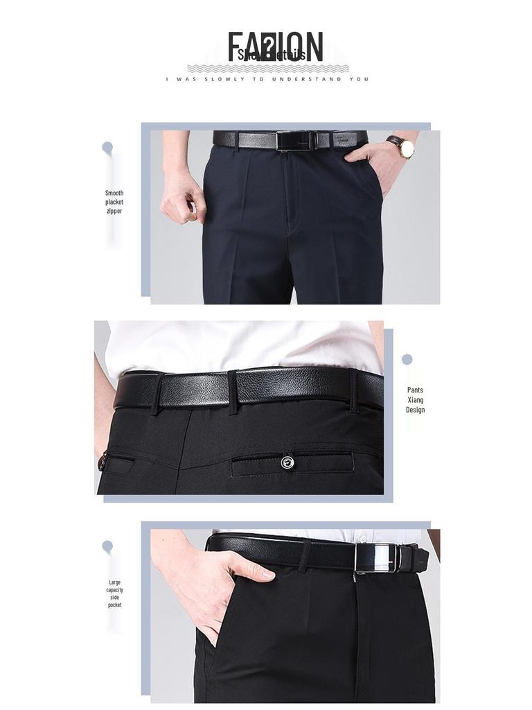 Men's Summer Lightweight High-Waisted Business Trousers for Middle-Aged & Elderly – Loose, Casual, Non-Iron, Formal Pants