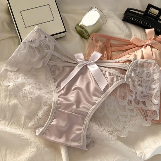 Women Sexy Lace Satin Panties Mid Waist Silky Underwear with Bow Lady Seamless Briefs Invisible Bikini Underwear