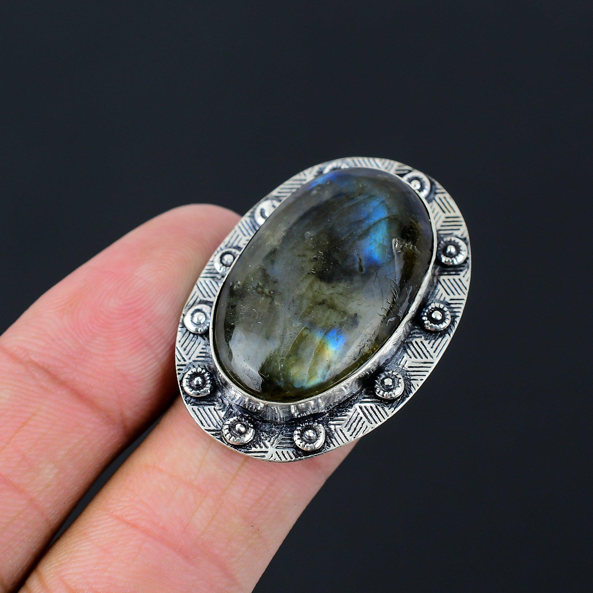 Кольцо-заявление из стерлингового серебра 925 пробы с лабрадоритом в стиле Арт-деко Украшение Размер US 7.5 7.5
