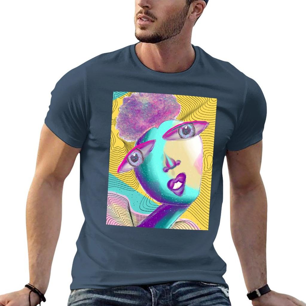 Afro Puff Abstract Figure On Yellow And Teal Background Tshirt Summer Print Short Sleeve Tee