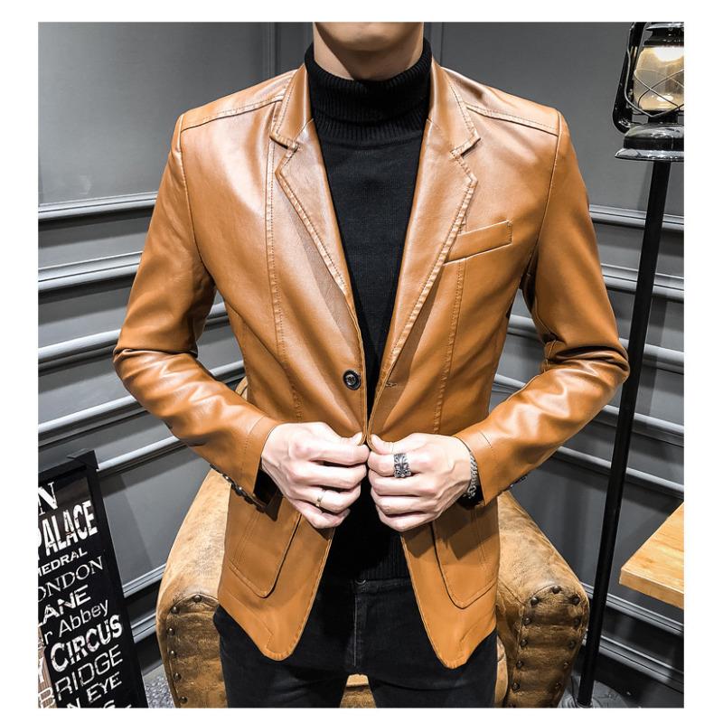 Весенне-осенняя кожаная куртка мужская корейского стиля приталенная модная деловая куртка — фото 4