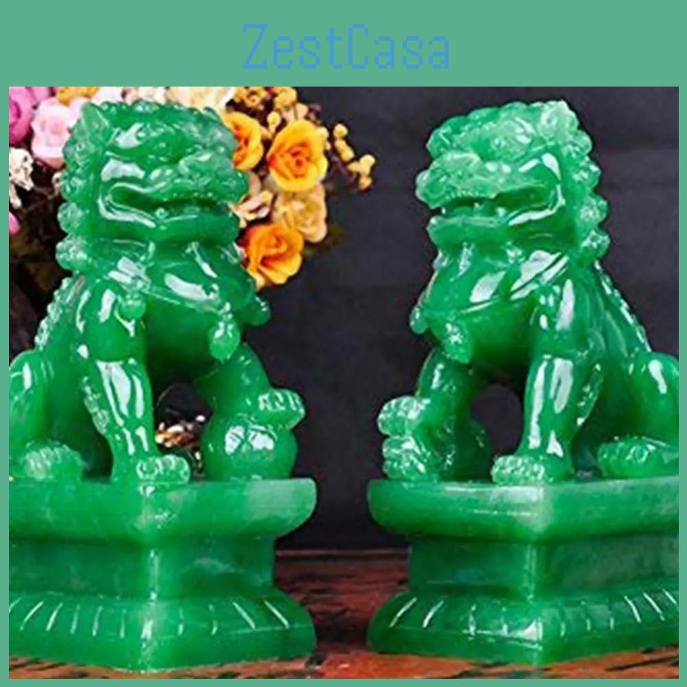 1 Pair Jade Green Natural China Traditional Guardian Lion Statues Hand Carved Foo Dogs Sculpture Crafts Home Feng Shui Decor