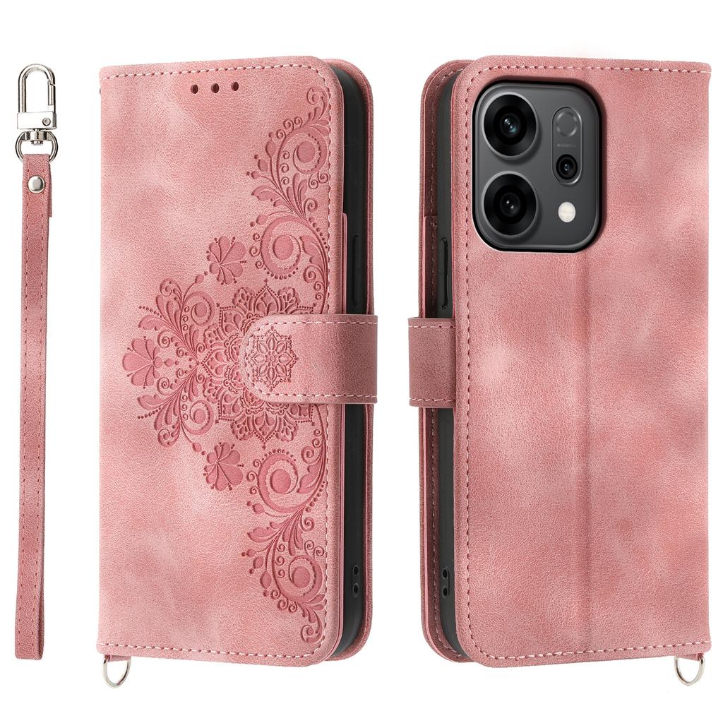 For Oppo Reno14 5G (Global) Case Flower Pattern PU Leather Wallet Phone Cover with Strap