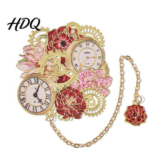 Aesthetic Bookmark Retro Flower Clock with Chain Metal Decorative Book Mark