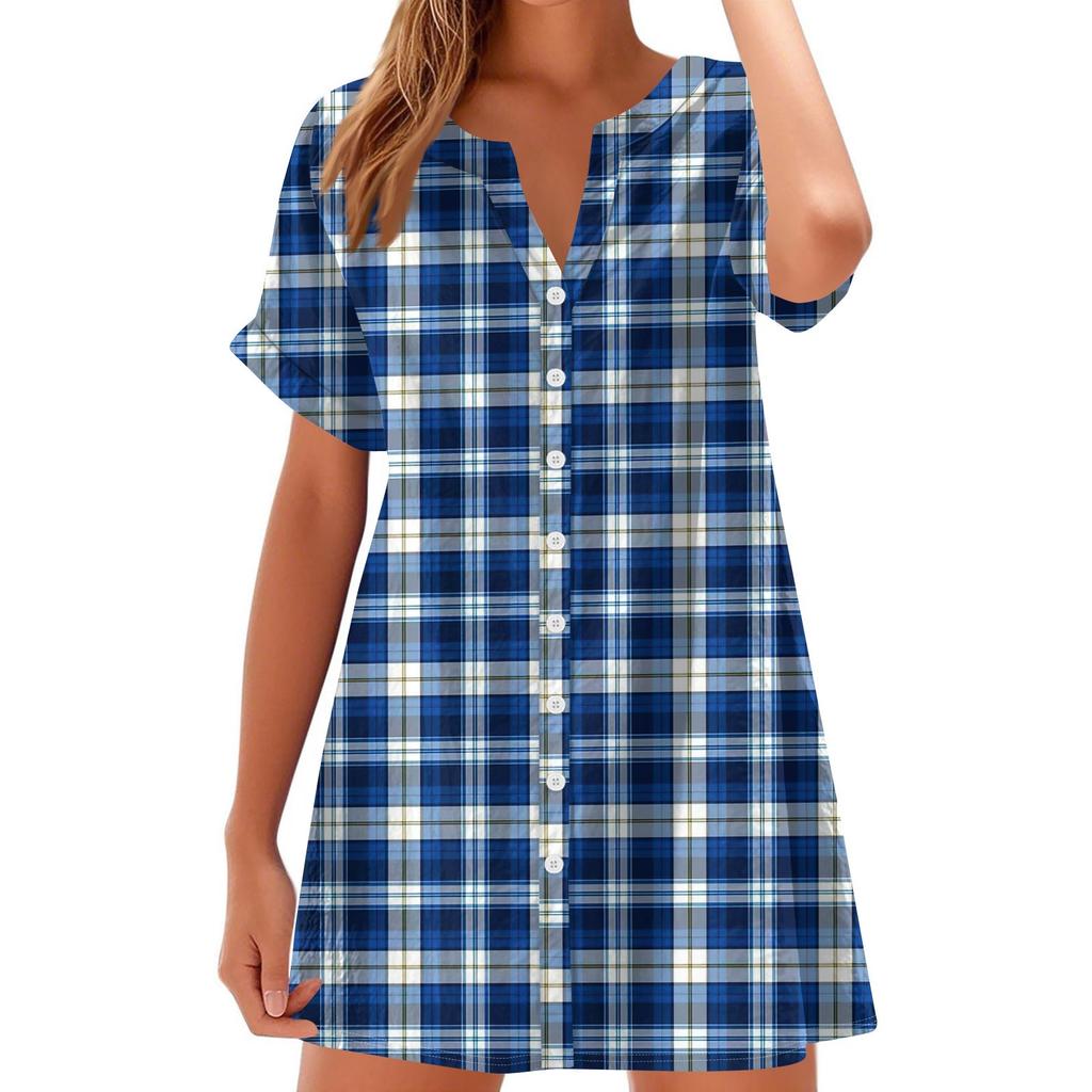 Women's Fashion Casual V-neck Short-sleeve Button Check, Tie-dye, Polka Dot Print Dress