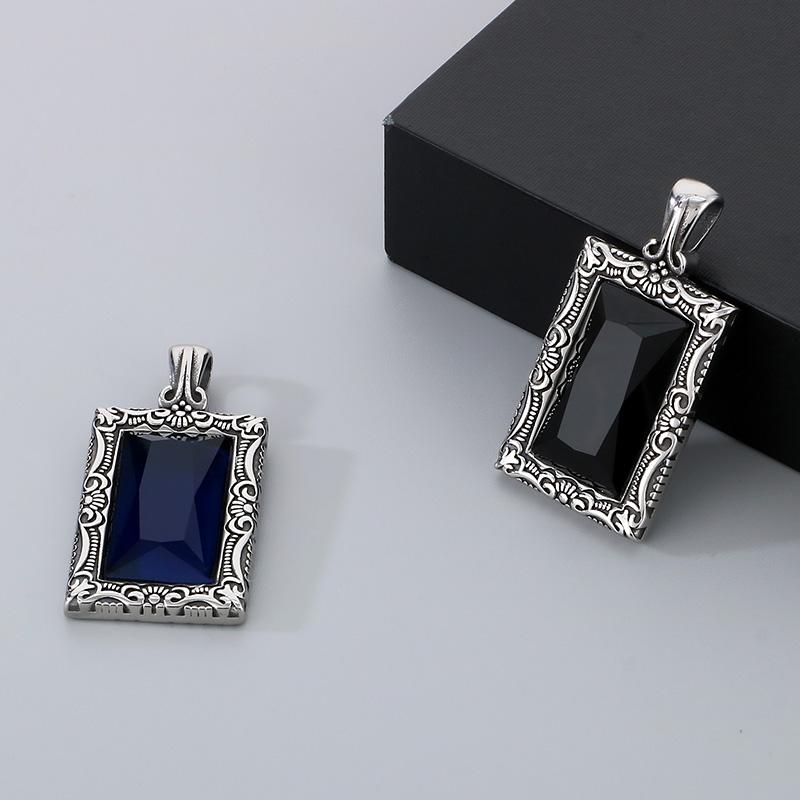 Hip Hop Personalized Black Gemstone Rectangle Pendant Necklace for Men Vintage Stainless Steel Charm Pendant Gift Trendy Jewelry