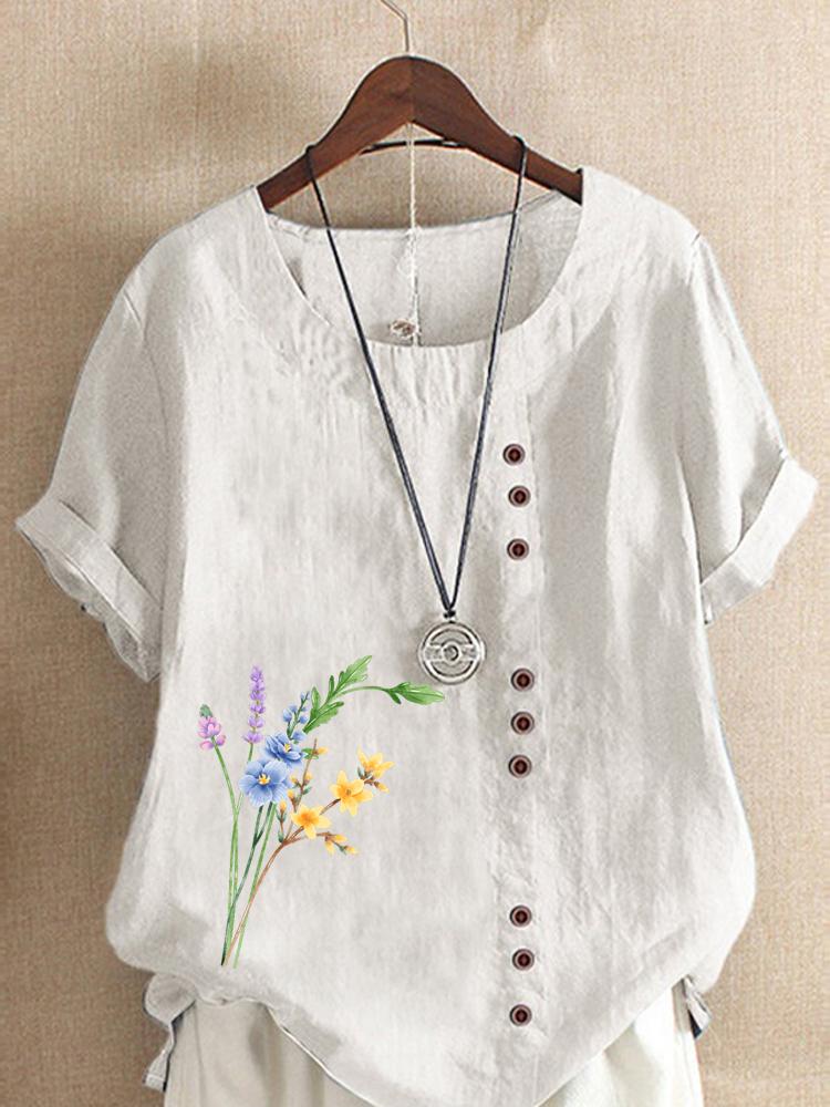 Women's Fashion Floral Print Casual Cotton Linen Short Sleeve Round Neck T-shirt Shirt Leisure Loose Summer Blouse Tops