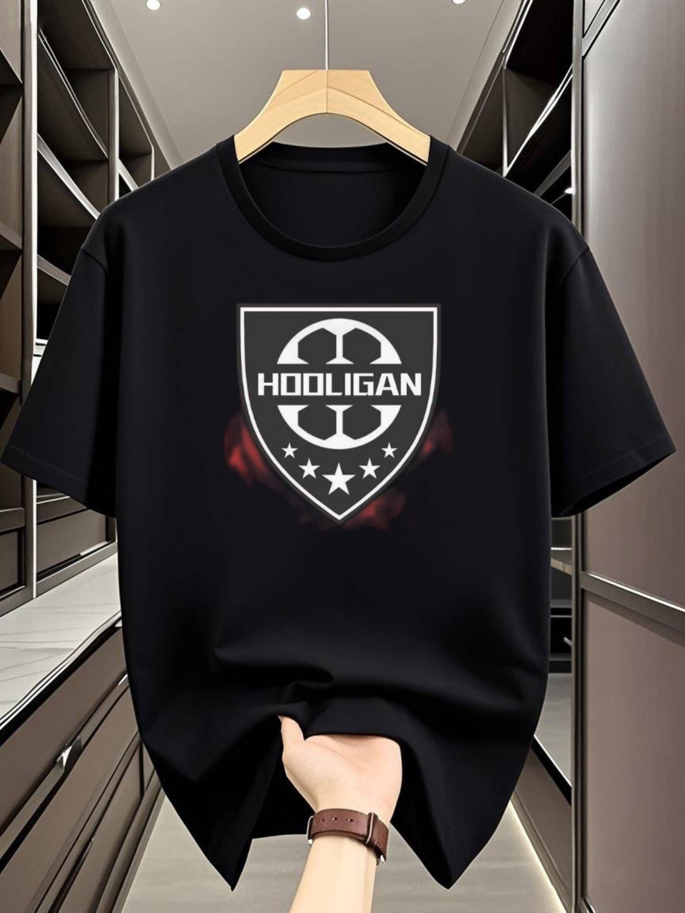 Casual Graphic T-shirt - Hooligan Shield Design with Stars XL