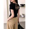 Bow Straps, Hollowed Out Back, Black Front Shoulder Short-sleeved T-shirt, Women's Summer Design, Slim-fitting and Thin Round Neck Top