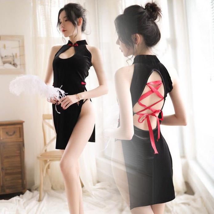 Sexy Lingerie Velvet Retro Women's Cheongsam Straps Strapped Slim Hollow Uniform Seduction Sexy Back