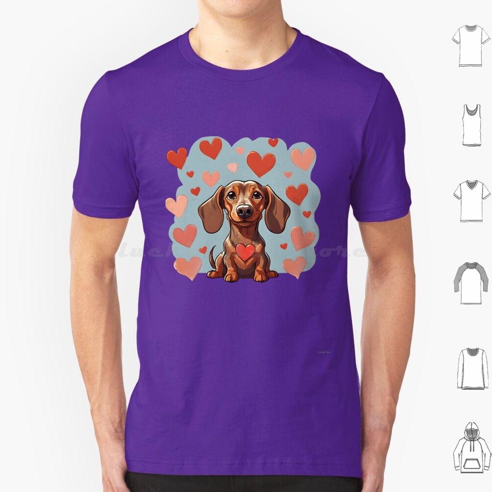 Cute Valentine Daschound Dog T Shirt Cotton Men Women DIY Print Dog Breeds Cute Dog Dog With Hearts Valentine Dog Animals