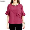 ZANZEA Women Casual Round Neck Solid Color Ruffles Half Sleeve Blouse