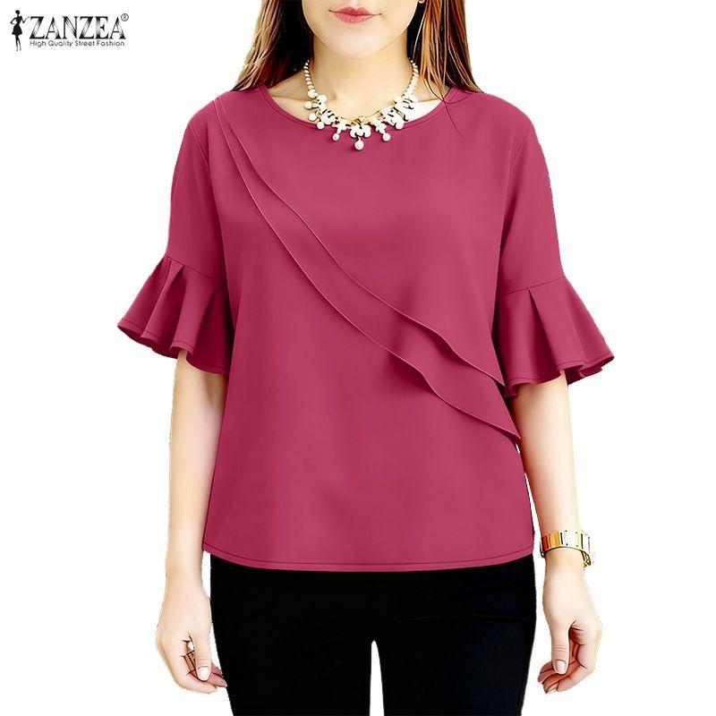 ZANZEA Women Casual Round Neck Solid Color Ruffles Half Sleeve Blouse