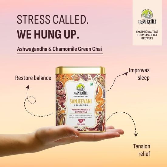 Iron Kettle Sanjeevani Collection | Stress & Sleep | Ashwagandha & Chamomile | Licorice, Chamomile flower, Lavender flower & Spearmint | 25 Tea bags