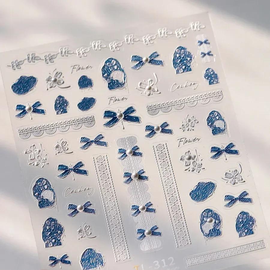 Camellia Flower Blooming Petal Floral Blue Leaves Chinese Characters Poetry Golden 5D Nail Art Sticker Adhesive Manicure Decal