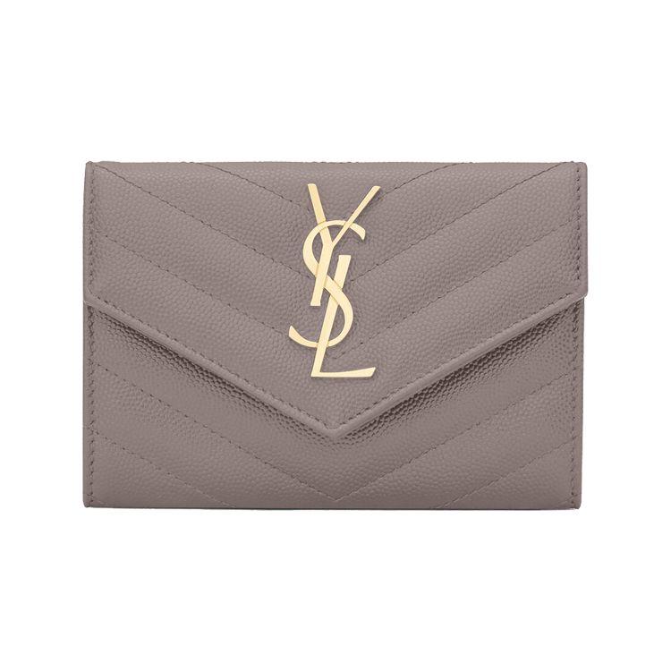 

Saint Laurent Ysl Cassandre Metal Letter Logo Short Snap Closure Leather Envelope Wallet Women Wallet Gray 414404-BOW0J-1202 Gift Set(Basic Set+Box+Shopping Bag)