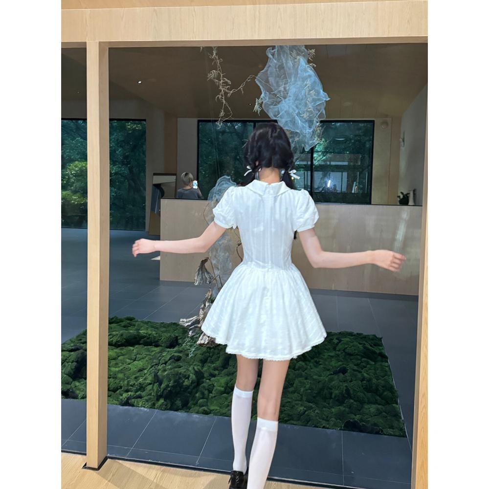 Preppy style white shirt dress temperament with a sweet and beautiful waist and short skirt women's new summer casual