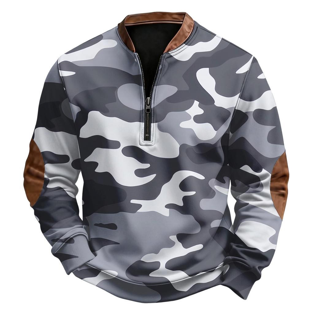 Men's Casual, Trendy, Retro American Camouflage Printed Round-neck Long-sleeved Half-pull One-piece Sweatshirt