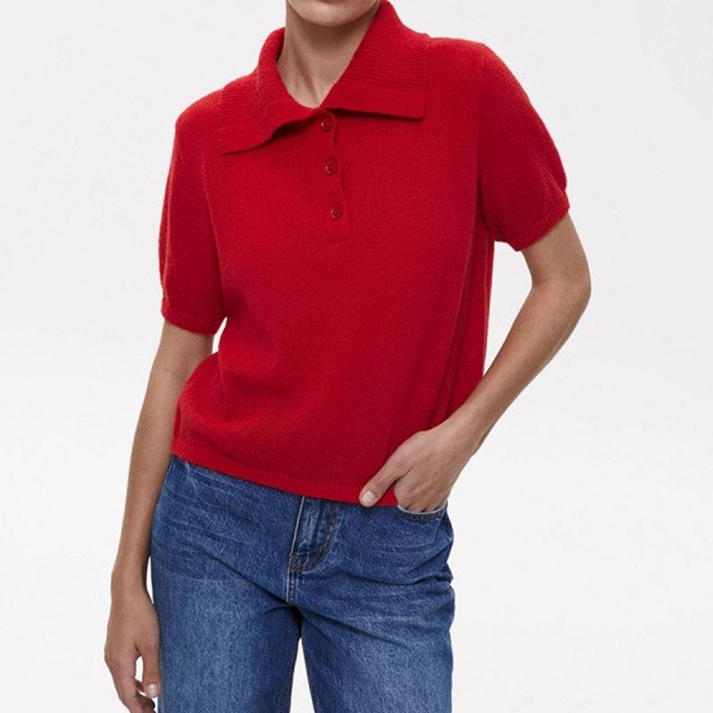 Módní pletený pulovr Dámský svetr s krátkým rukávem 2025 Jaro Léto Klopa Knoflíky Top Jednoduchý Tenký Elegantní Volný Ležérní Kancelářský Pletený Oděv