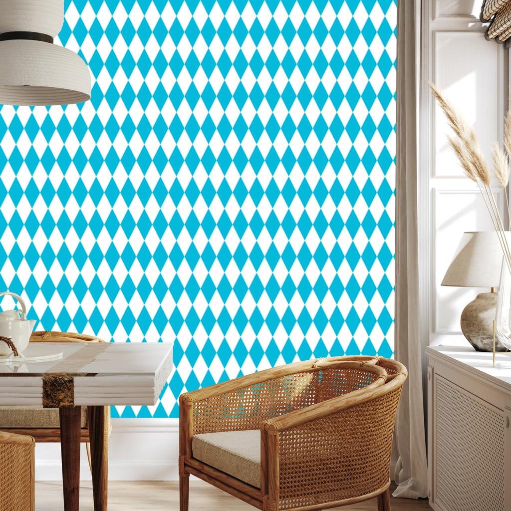 Harlequin Diamonds Wallpaper, Turquoise and White, Celadon Background, 50x1000