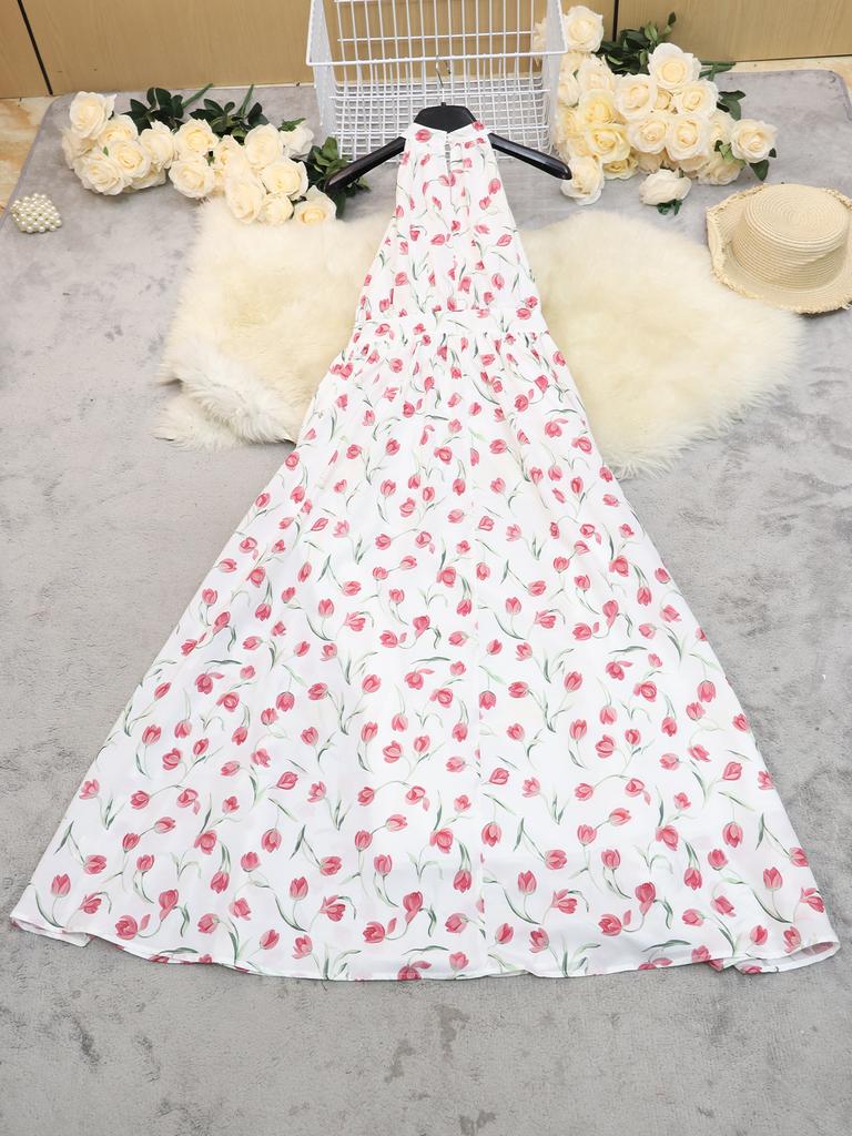 French neck floral dress for women's summer waist and thin sleeveless medium and long temperament A-word long dress, in stock