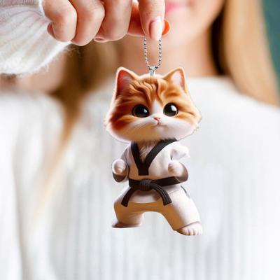 Kung Fu Kedi Asılı Dekorasyon Ev İç Mekan Noel Ağacı Araba Dikiz Aynası 2D Düz Akrilik Yavru Kedi Asılı Süs Karikatür Hayvan Kolye