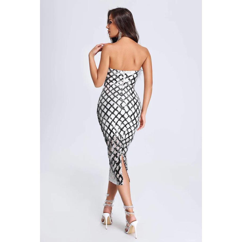 Europe America Fashion Women's Sexy Strapless Sequin Feather Bandage Dress