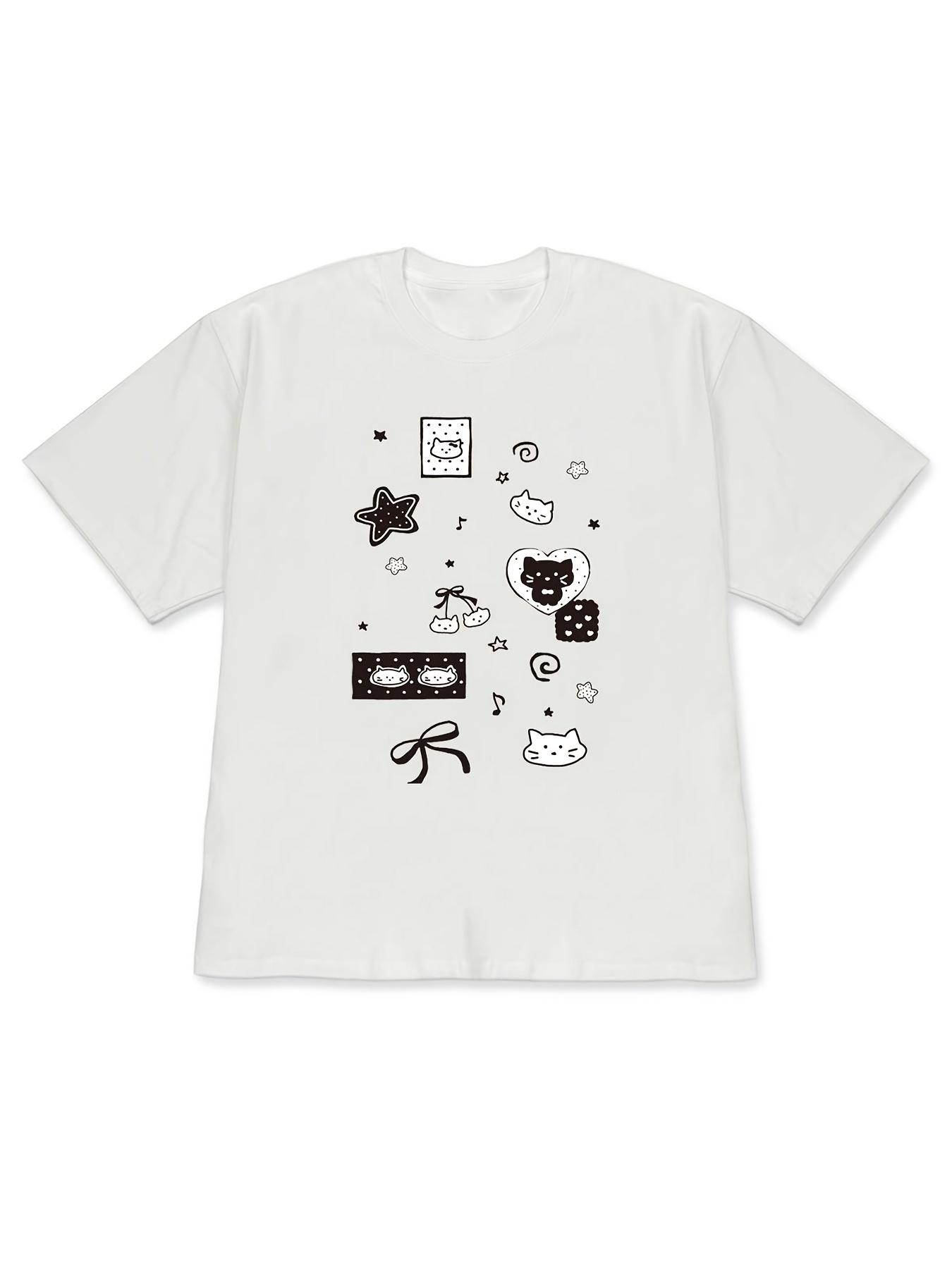 2026 : Spring/Summer Women S Drop-Shoulder Short-Sleeve T-Shirt with Fun Cat, Star, And Moon Prints, Unique Design for   Daily Wear S разноцветный