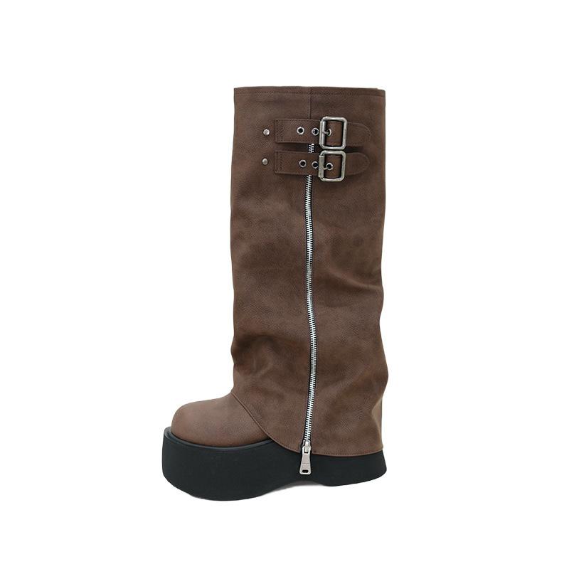 Cowhide high boots thick-soled boots women's knee-length boots small trouser boots women's muffin-bottom knight boots
